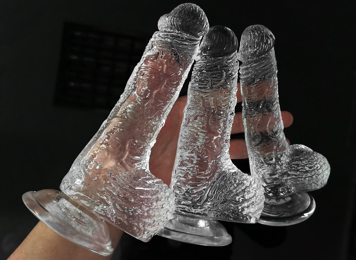 Crystal Dildo With Realistic Scrotum And Suction Stand – Sex Toy UAE