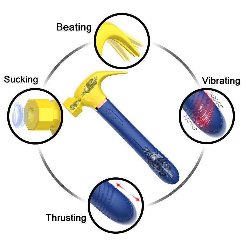 Hammer Shape Sucking Vibrating Thrusting Beating 4 In 1 Dildo